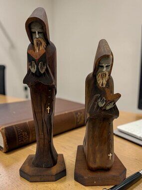 Vintage Hand Carved Wooden Monk Figurines Set Religious Rustic Sculptures